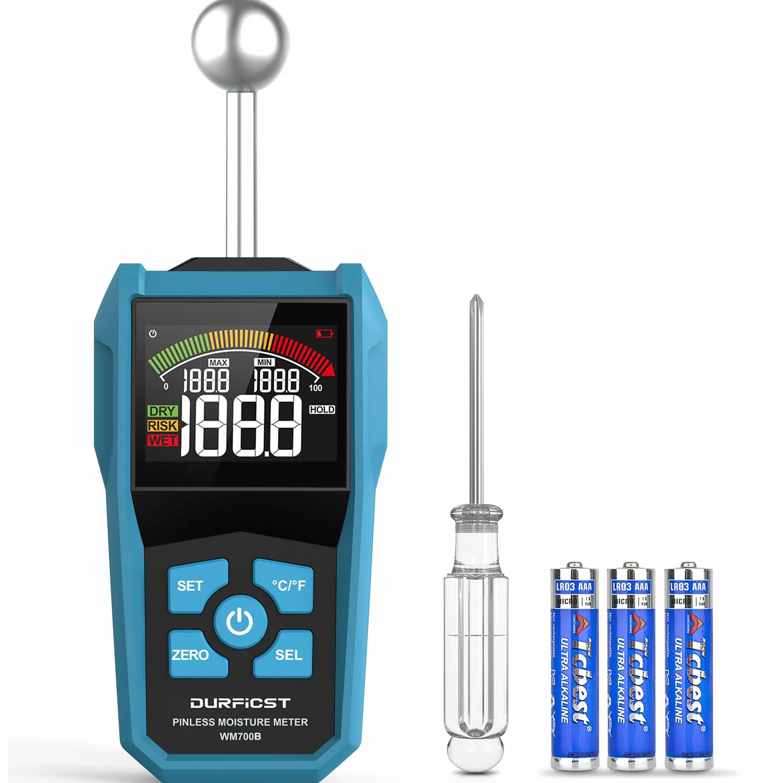 Medidor de humedad, Medidor Humedad DURFIST con Pantalla LCD a Color y Alarma Acústica, Adecuado Para Todos Los Materiales de Construcción, Madera, Paredes, Yeso, Mampostería