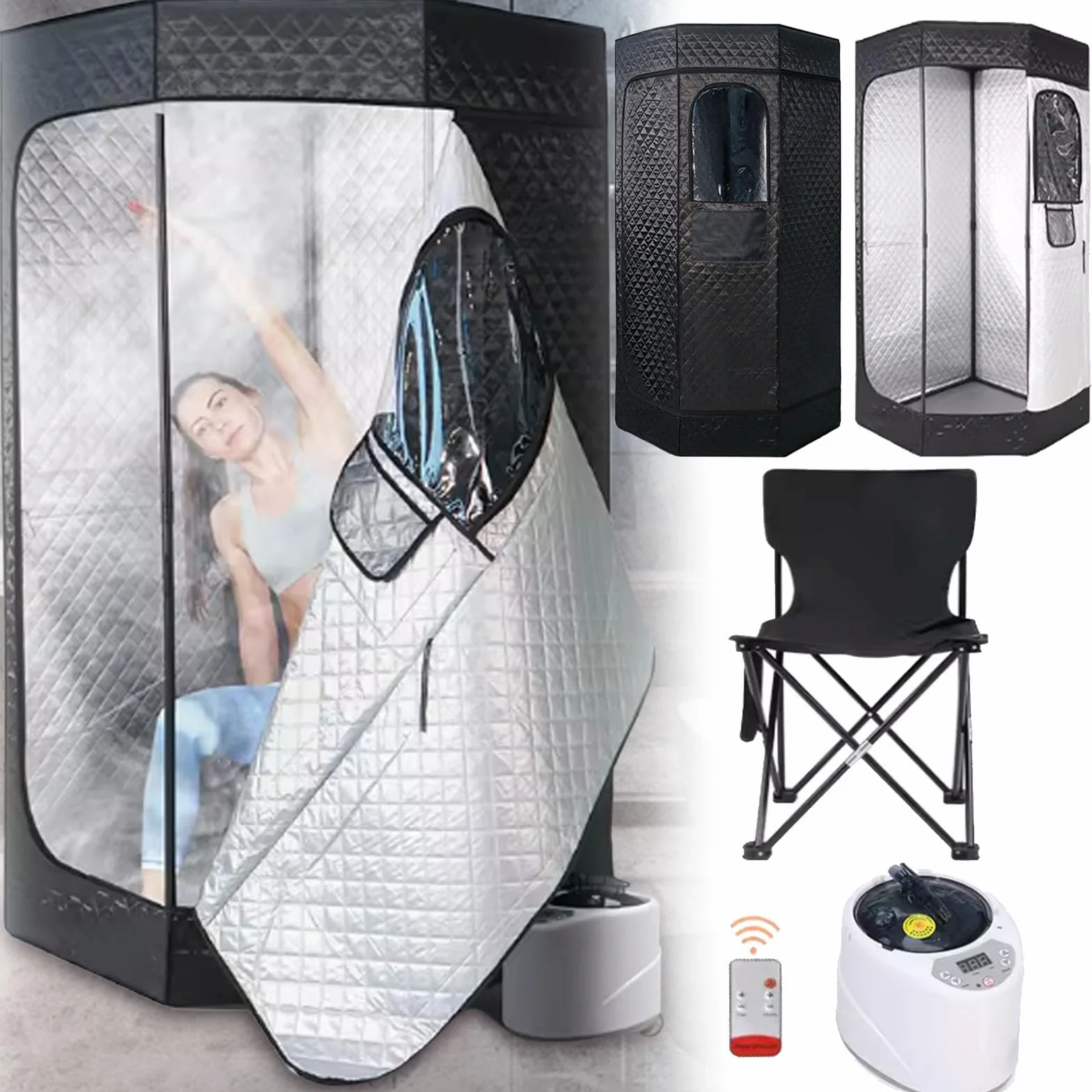 Sauna Tienda Campaña Portátil con Generador Vapor 3L, Temporizador y 9 Niveles Temperatura, Silla Plegable y Control Remoto