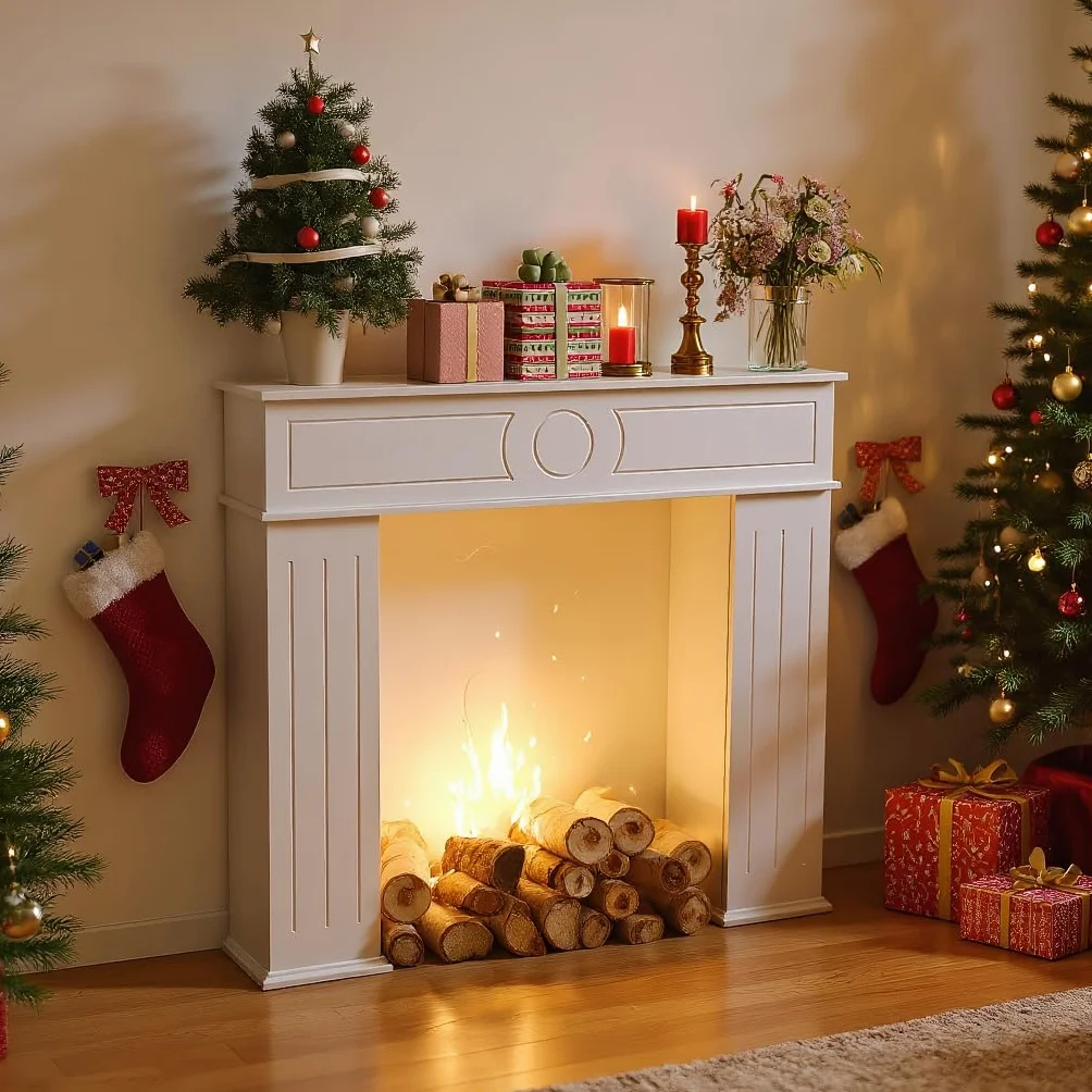 Armario de chimenea (107 x 18 x 100 cm), con marco de chimenea con 3 puertas, marco de chimenea decorativo con almacenamiento, borde de madera, color blanco