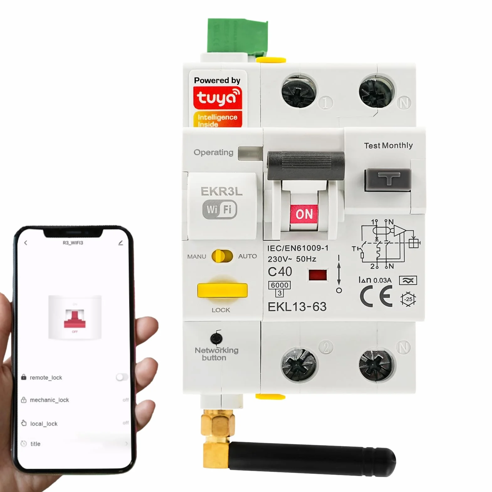 Jadeshay Disyuntor Diferencial Tipo A WiFi 40A 30mA Disyuntor Interruptor Magnetotérmico con Control Remoto Protección contra fugas de corriente, sobrecargas y cortocircuitos CA 230V(GKR3L)