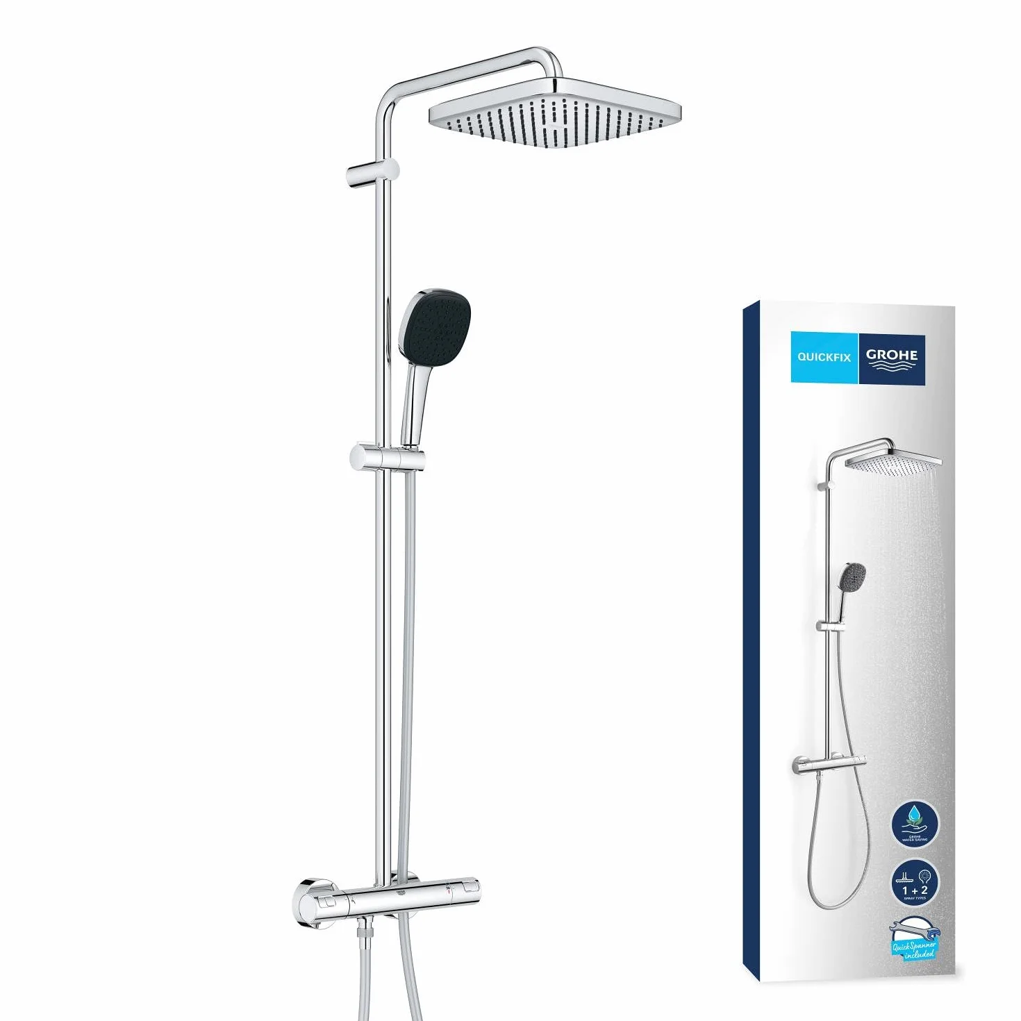 GROHE Vitalio Comfort 250 Columna de ducha con grifo termostático (ahorro de agua, 2 tipos de chorro, duradero), cromo 26696001