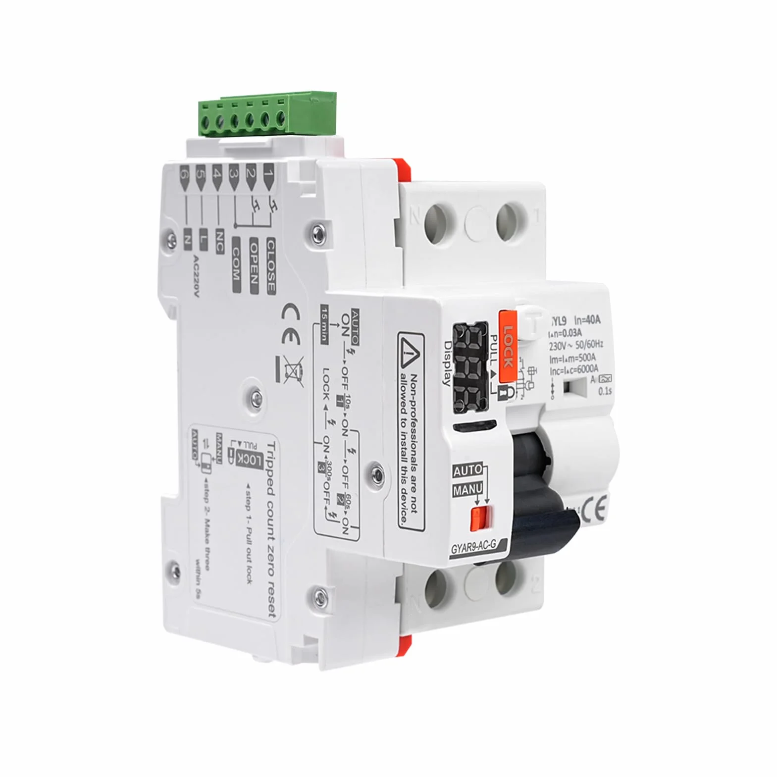 DEWIN Diferencial Auto Rearmable Con pantalla LED,2P 40A 230VAC Diferencial Superinmunizado Rearmable Diferencial Rearme Automatico RCCB Inteligente Interruptor de Protección de Bajo Voltaje(Type A)