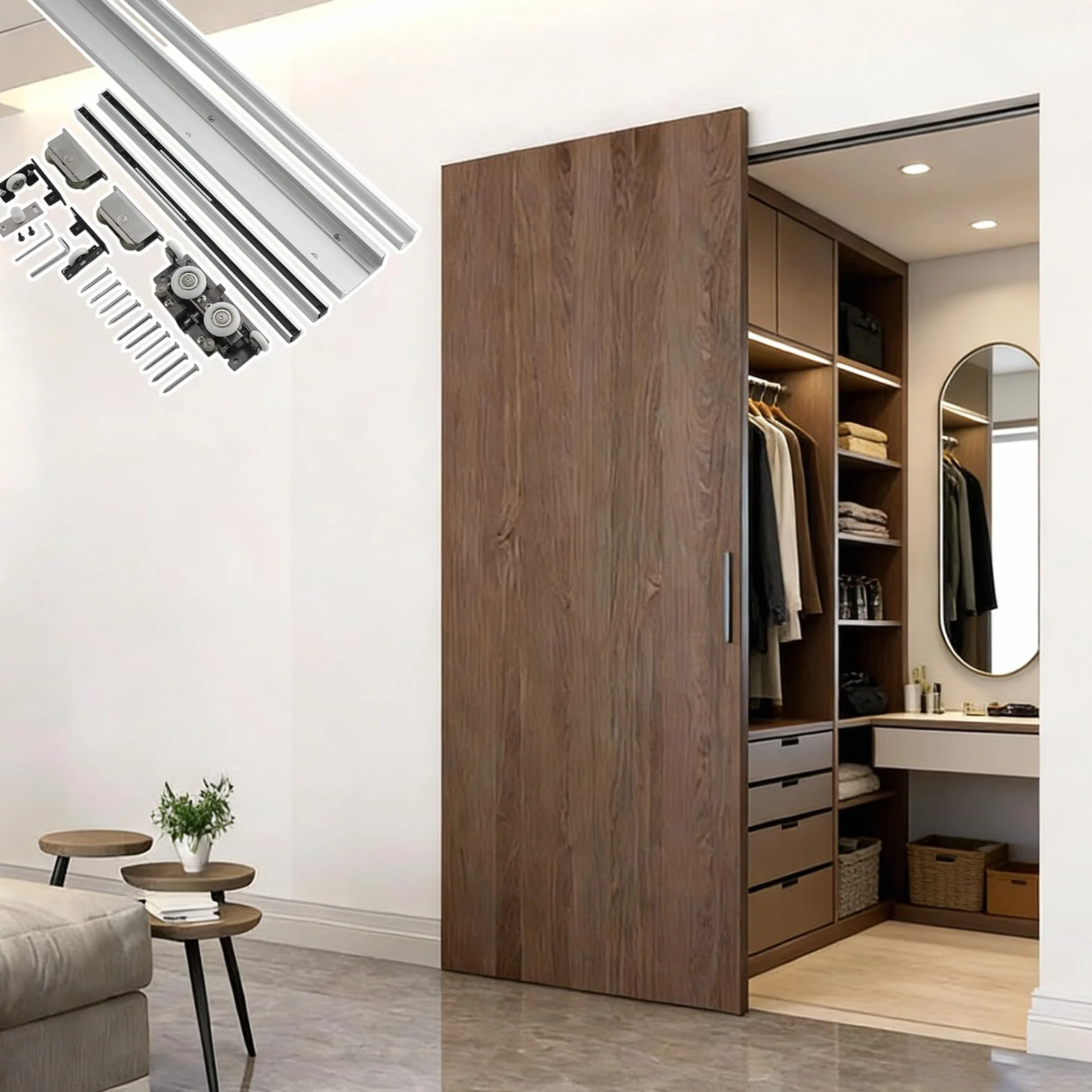 Herrajes Puertas Correderas Kit para Puerta Corredera Tipo Granero Oculta Cierre Suave Riel 30-71"