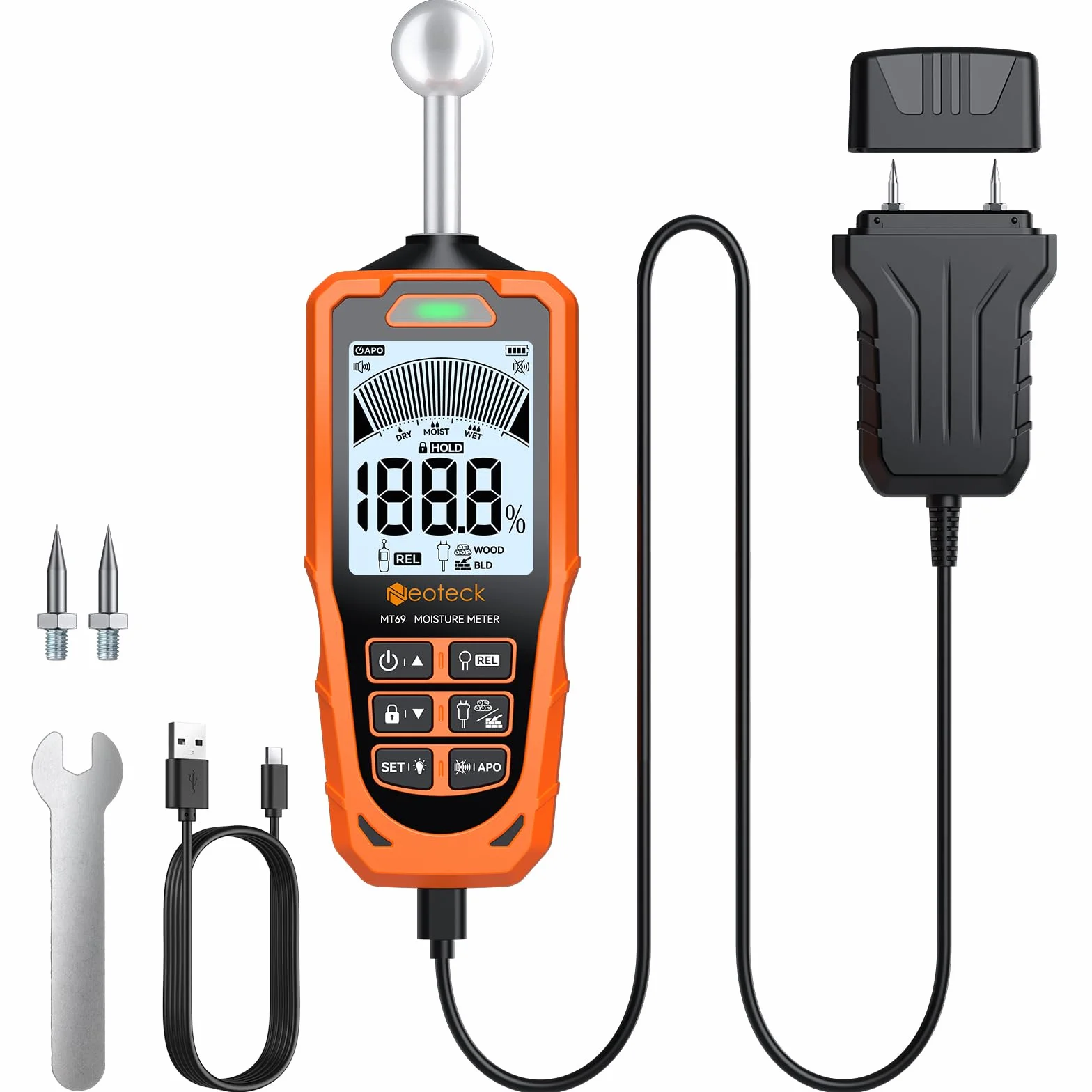 Neoteck Medidor de Humedad Detector de Humedad Esférico y de Pin con Pantalla LCD a Color y Alarma Sonora, Humidímetro Portátil Detecta Paredes de 20-40mm para Madera Mampostería Concreto Drywall Leña