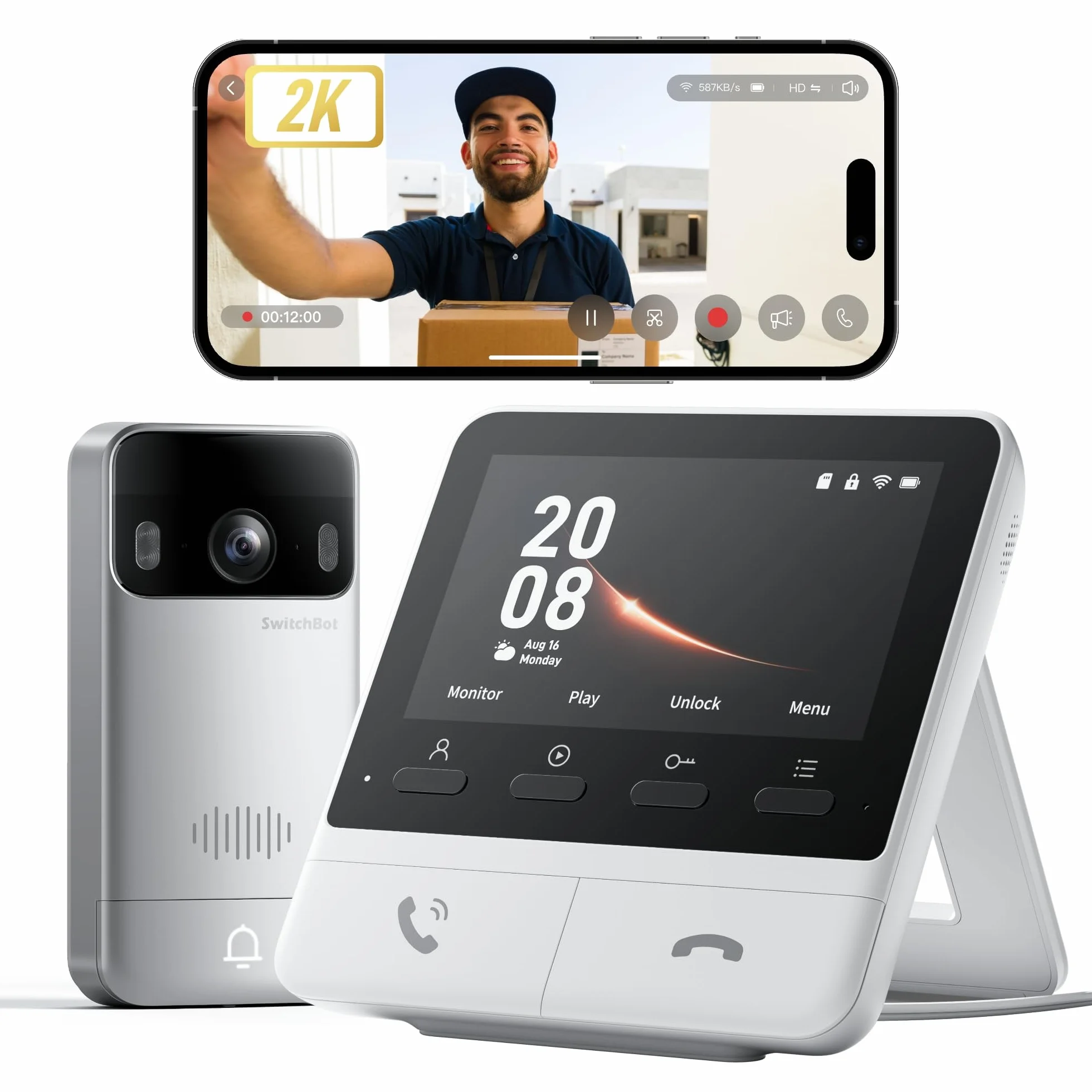 SwitchBot Videoportero con Pantalla a color de 4,3 pulgadas, 2K Timbre con Camara Exterior sin Suscripción, Audio Bidireccional, Detección de Movimiento, Comunicación Inalámbrica, Compatible con Alexa